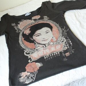 Lucky Brand Vintage Geisha Girl Asian Graphic Tee Y2K Grunge Boho black size L